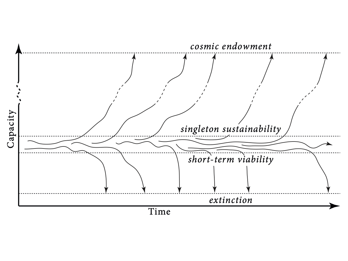 Slide with a graph with Capacity on the y-axis, Time on the x-axis, and the labeled y-levels Cosmic Endowment, Singleton Sustainability, Short-Term Viability, and Extinction, from top to bottom